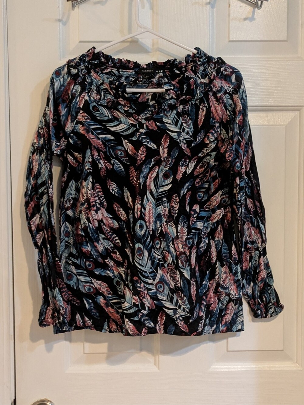 Talbots Black Peasant Blouse with Blue and Pink Feather Print